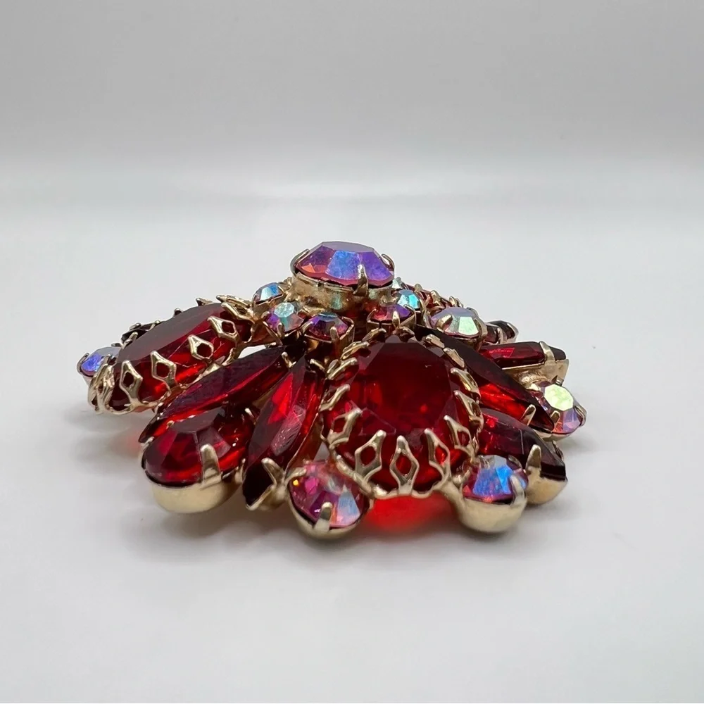 Vintage Schreiner Red Cabochon AB Rhinestone Layered Brooch Unsigned